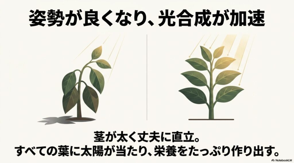 茎が丈夫に直立し、すべての葉に太陽が当たり光合成が加速する様子