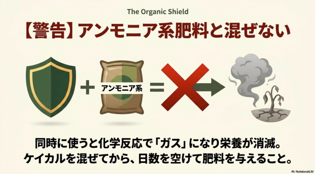 アンモニア系肥料と同時に使うと化学反応でガスになり栄養が消滅するため注意