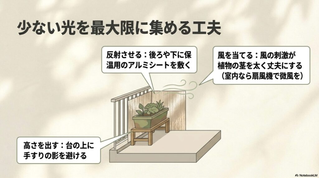 日陰のベランダで少ない光を最大限に集める工夫と風通しの改善