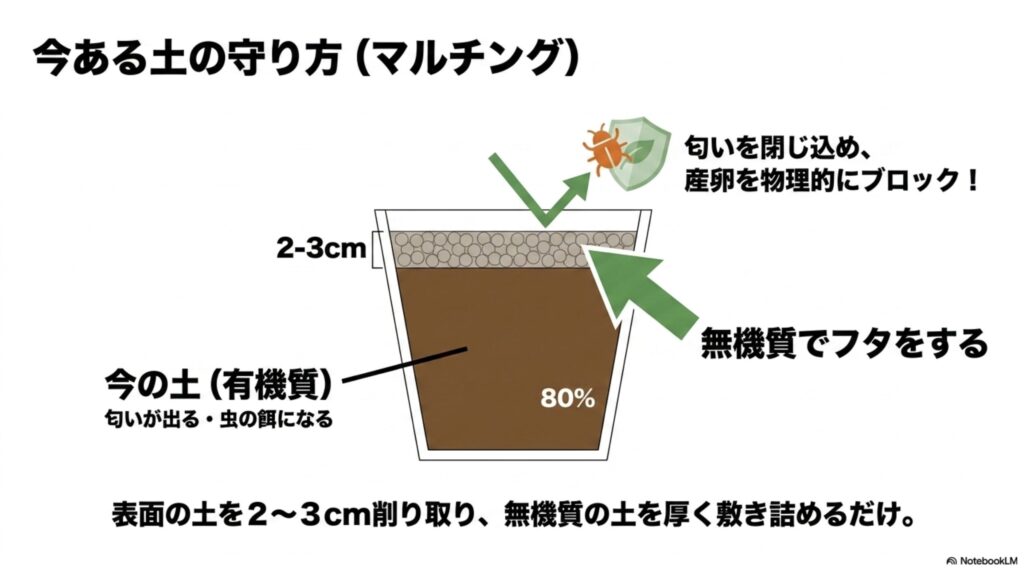 有機質の土の上に2〜3cmの無機質の土を敷き詰め、匂いや産卵をブロックするマルチングの手順を示したイラスト。
