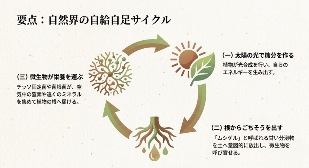 植物の光合成、根からの分泌物、微生物の栄養運搬による自然界の自給自足サイクルを図解したスライド