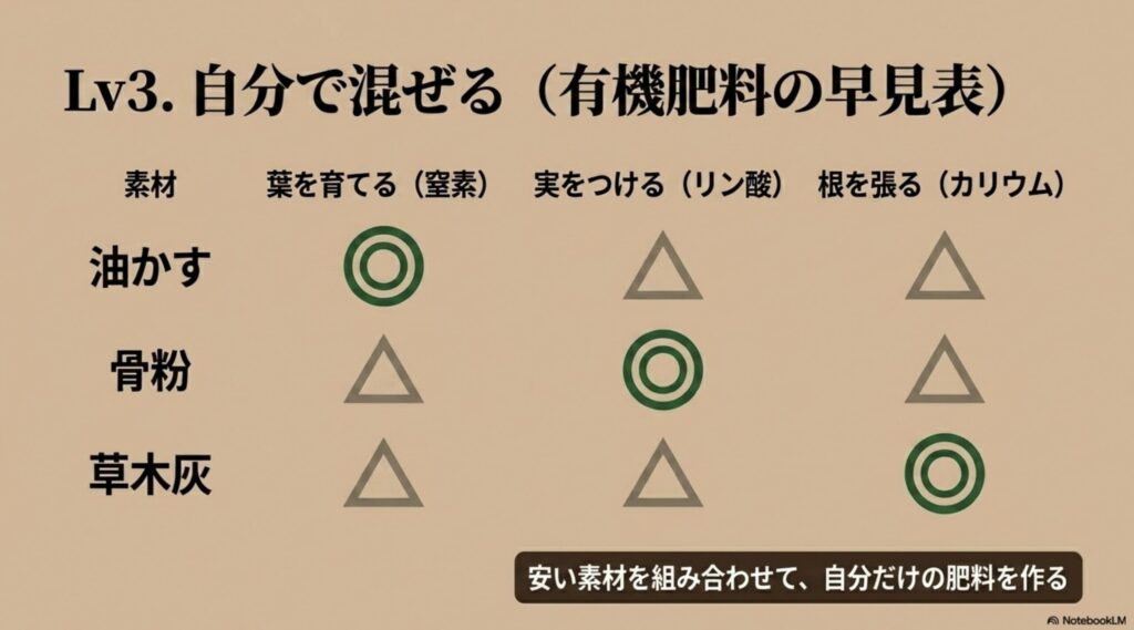 レベル3・自分で混ぜる有機肥料の早見表。葉を育てる窒素(油かす)、実をつけるリン酸(骨粉)、根を張るカリウム(草木灰)など、安い素材を組み合わせて自分だけの肥料を作るための成分一覧表