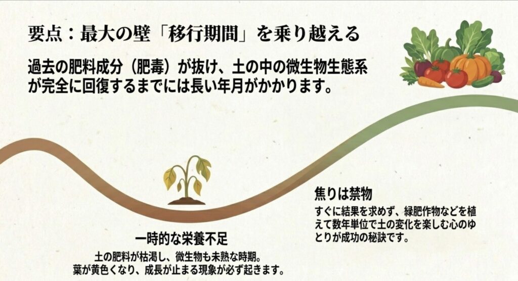 過去の肥料成分が抜け、土の中の微生物生態系が回復するまでの移行期間の注意点と乗り越え方