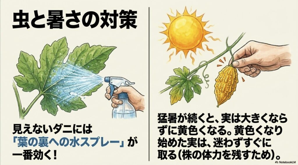 見えないダニに一番効く葉の裏への水スプレーと、猛暑で黄色くなり始めた実をすぐに取って株の体力を残す対策