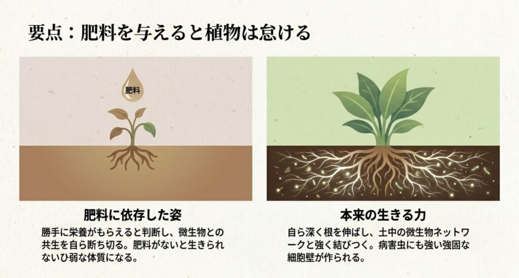肥料を与えた植物が依存する姿と、無肥料で深く根を伸ばす本来の生きる力の違いの比較
