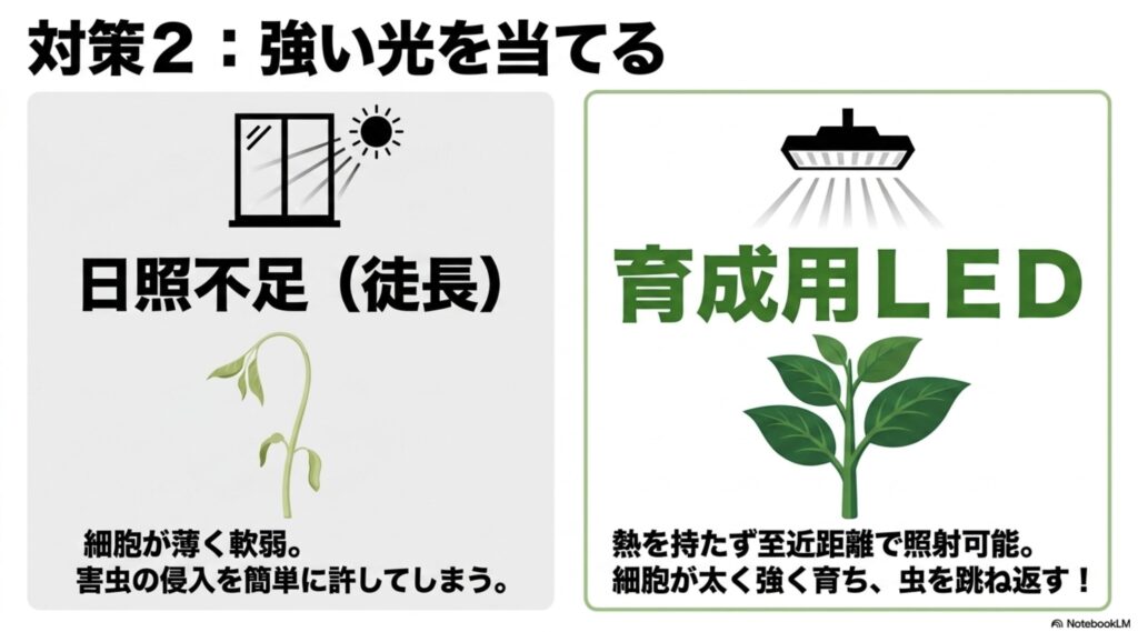 日照不足で弱った植物と、育成用LEDで強く育った植物の比較。強い細胞を作ることが虫対策になることを説明するスライド。