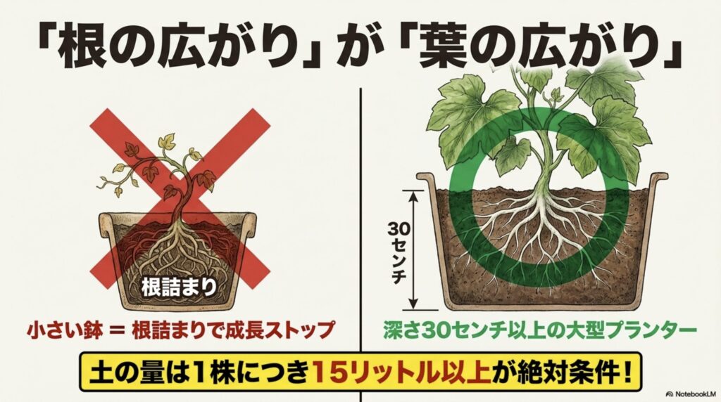 ゴーヤの成長には深さ30センチ以上、土の量は1株につき15リットル以上の大型プランターが必要であることを示す図解
