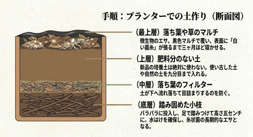 落ち葉のマルチ、肥料分のない土、落ち葉のフィルター、小枝の層からなるプランターでの土作りの手順を示した断面図