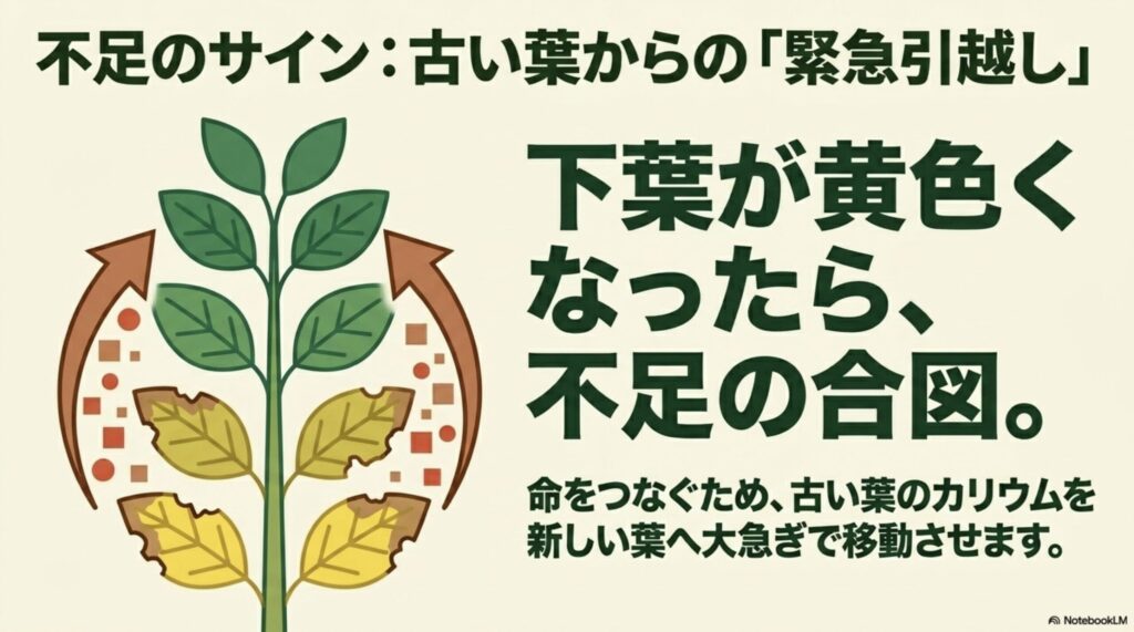 カリウム不足のサインとして、古い葉から新しい葉へカリウムが緊急引越しすることで下葉が黄色くなる現象の図解