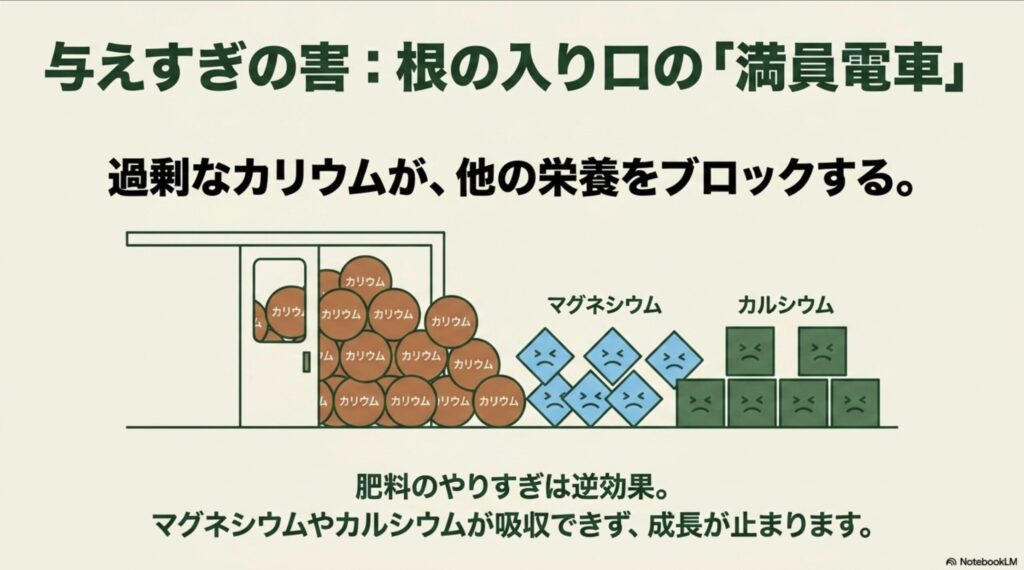 過剰なカリウムがマグネシウムやカルシウムの吸収を妨げる拮抗作用（根の入り口の満員電車）を図解した画像