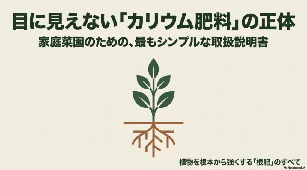 目に見えないカリウム肥料の正体と、植物を根本から強くする根肥について解説したタイトル画像