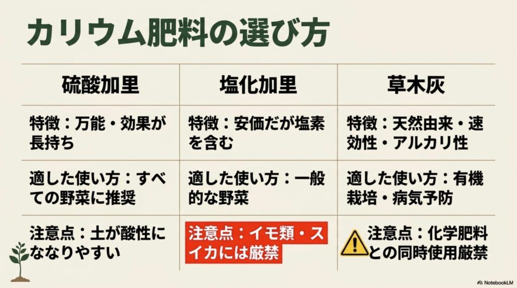 硫酸加里、塩化加里、草木灰の特徴と適した使い方、注意点を比較した一覧表