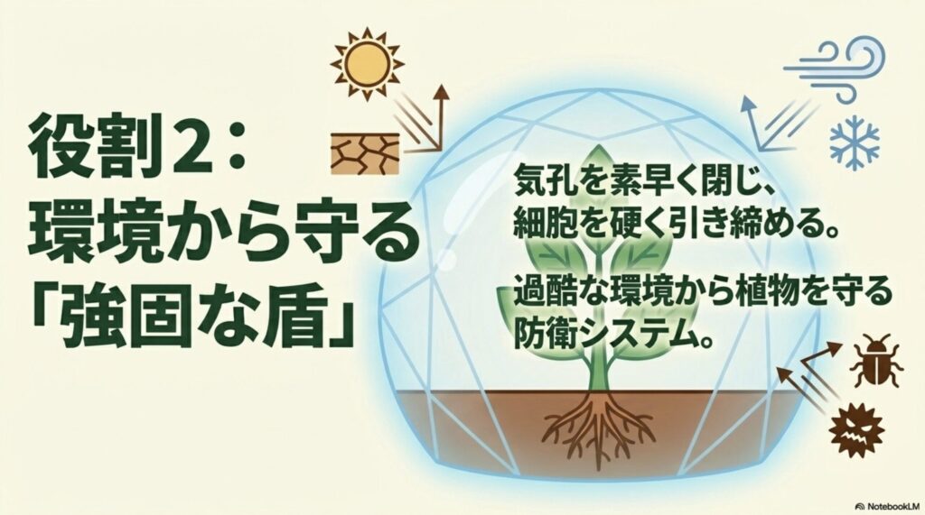 カリウムの役割2である「環境から守る強固な盾」として、気孔を閉じ細胞を引き締めて過酷な環境から植物を守る仕組みの解説
