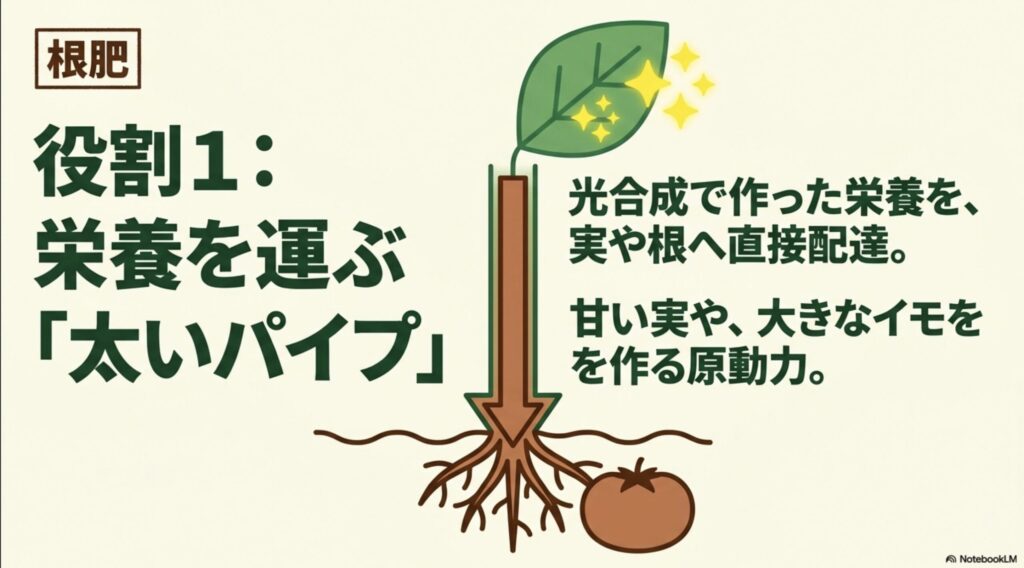 カリウムの役割1である「栄養を運ぶ太いパイプ」として、光合成で作った栄養を実や根へ配達する仕組みの図解