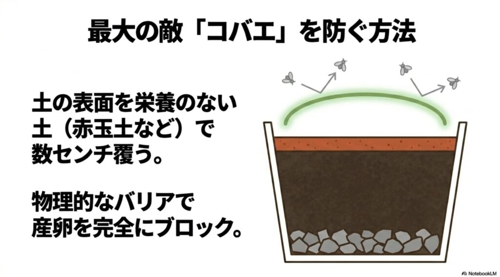 最大の敵であるコバエを防ぐ方法。土の表面を栄養のない土で数センチ覆って産卵を完全にブロック