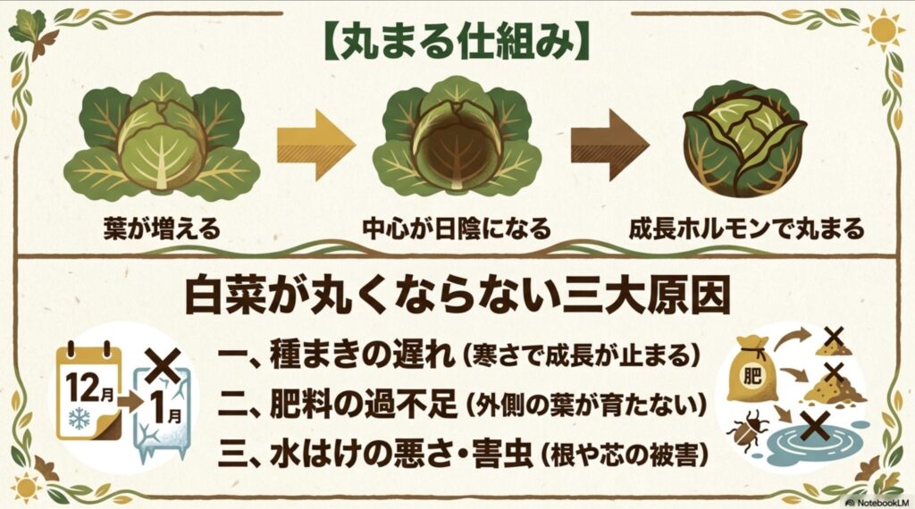 白菜が結球する仕組みと、種まきの遅れなど丸くならない3つの主な原因