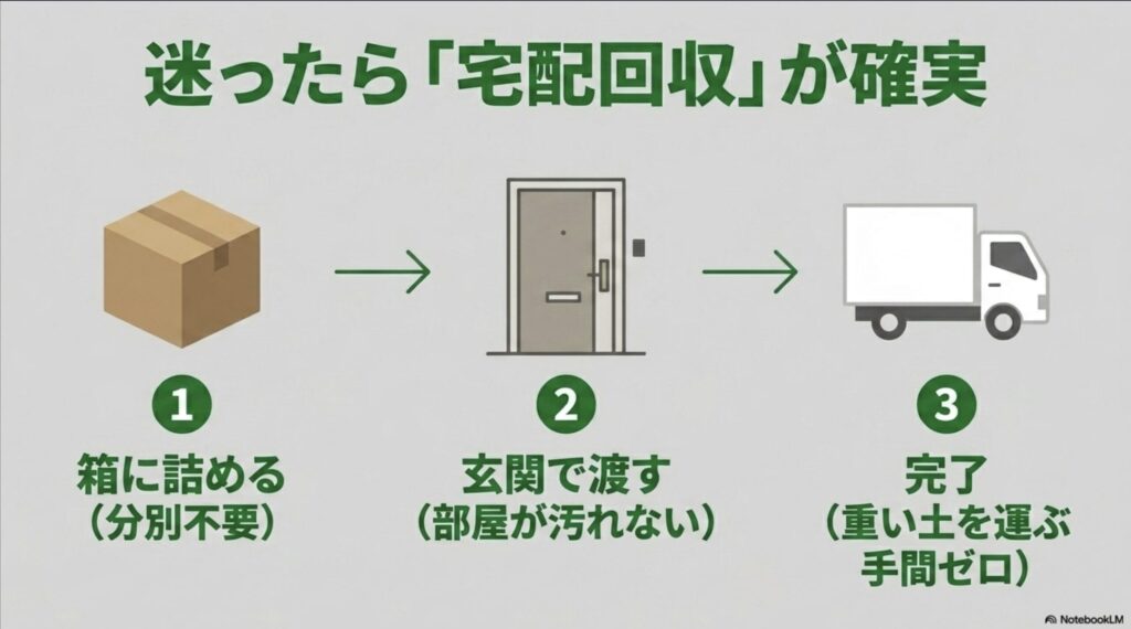 迷ったら宅配回収が確実。分別不要で箱に詰めて玄関で渡すだけの手軽な処分方法