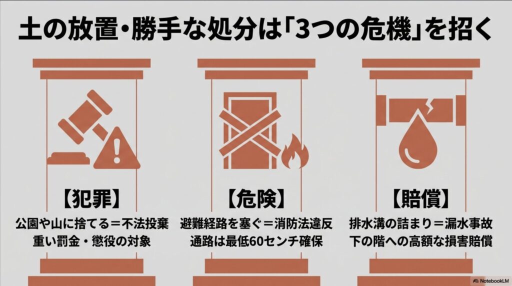 土の放置や勝手な処分が招く3つの危機(不法投棄による犯罪、避難経路を塞ぐ危険、漏水事故による賠償)