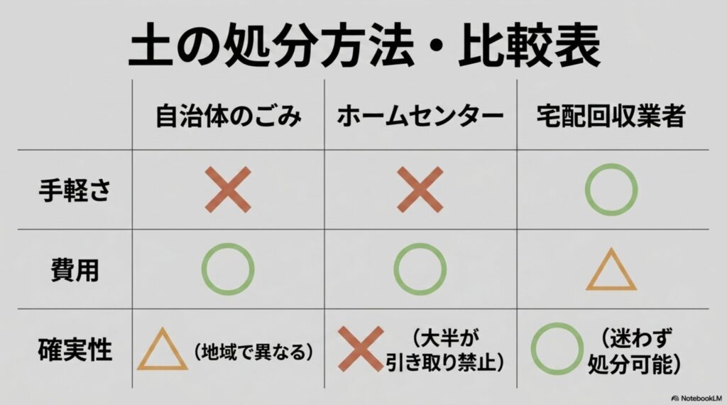 自治体、ホームセンター、宅配回収業者ごとの土の処分方法と手軽さ・費用・確実性の比較表