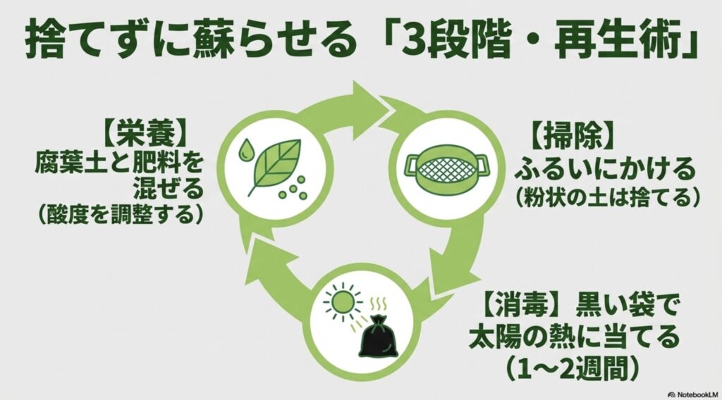 捨てずに蘇らせる土の3段階再生術(ふるいにかける掃除、太陽の熱に当てる消毒、腐葉土や肥料を混ぜる栄養補給)