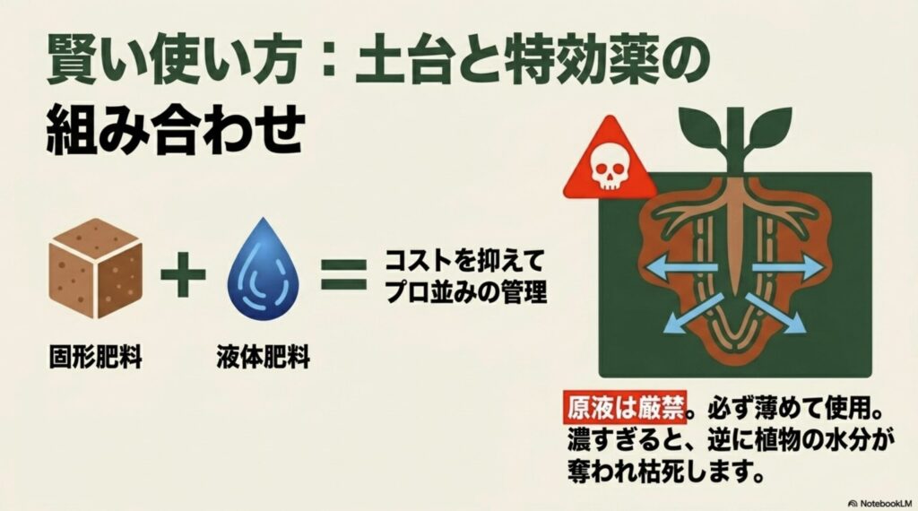 コストを抑えてプロ並みの管理を行うための固形肥料と液体肥料の組み合わせ方と、原液使用の厳禁を促す警告画像