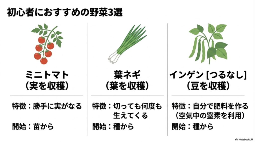 初心者におすすめの野菜3選(実を収穫するミニトマト、葉を収穫する葉ネギ、豆を収穫するつるなしインゲン)