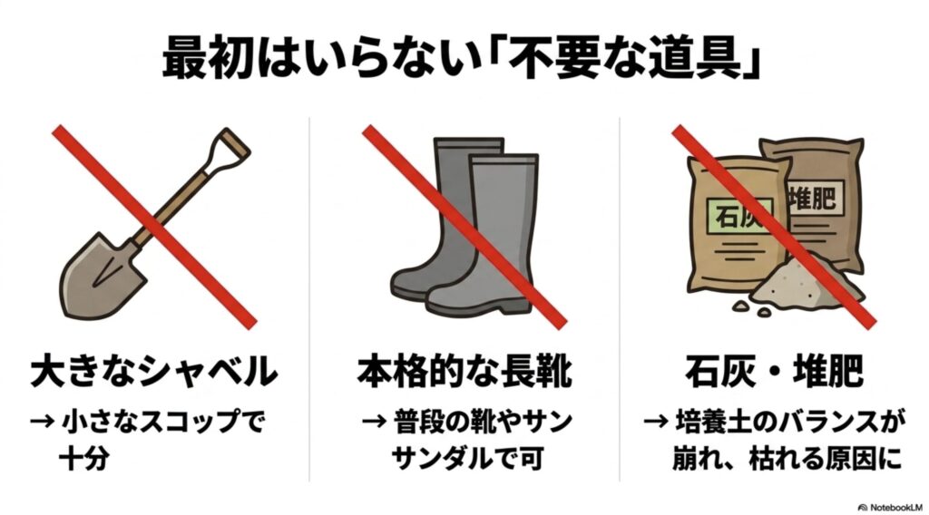 家庭菜園で最初はいらない不要な道具(大きなシャベル、本格的な長靴、石灰・堆肥)