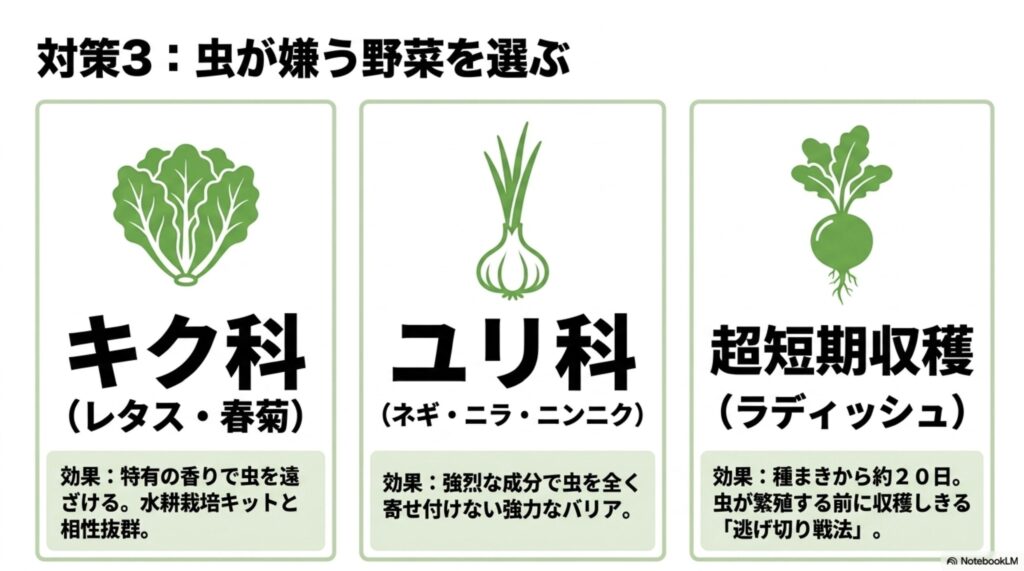 キク科、ユリ科、超短期収穫（ラディッシュ）など、室内栽培で虫を避けやすい野菜の特性をまとめたスライド。