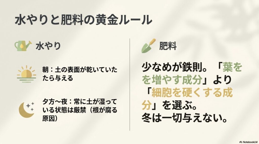 日陰栽培における水やり(朝のみ)と肥料(少なめ)の黄金ルール