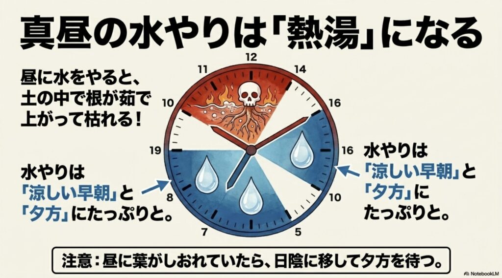 昼の水やりで根が茹で上がって枯れるのを防ぎ、涼しい早朝と夕方にたっぷり水を与える正しいタイミング