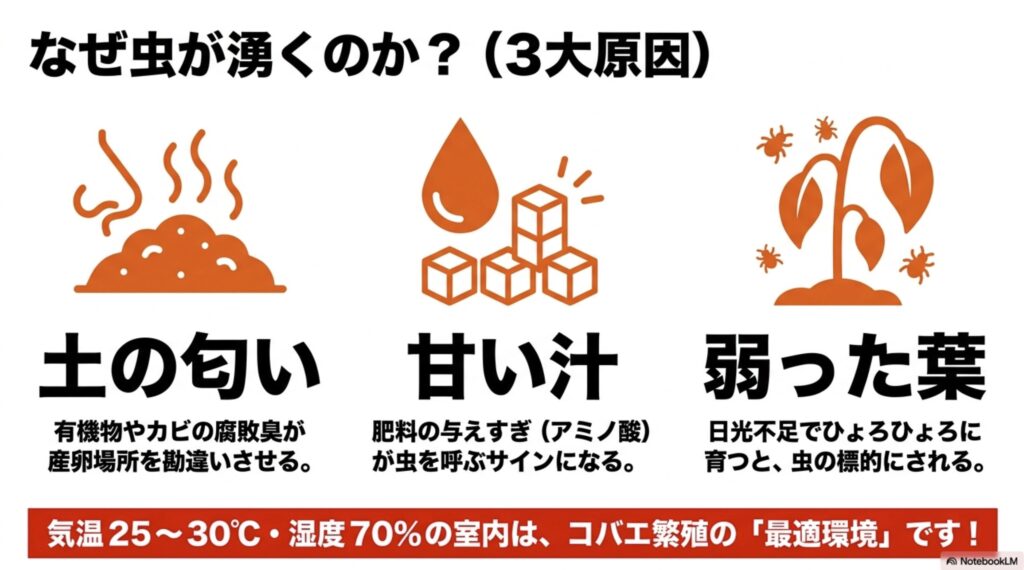 虫が湧く3つの原因（土の匂い、肥料の与えすぎによるアミノ酸、日光不足による弱った葉）を説明する図解スライド。