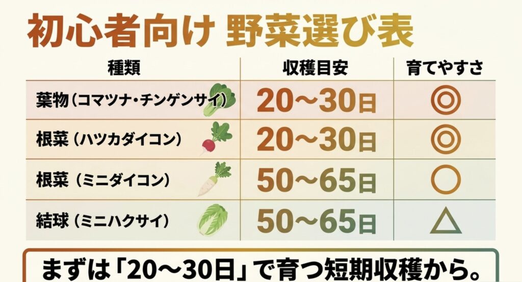 8月から始める家庭菜園で初心者に向く葉物野菜や根菜の収穫目安をまとめた表
