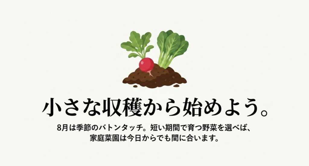 8月は短期間で育つ野菜を選べば初心者でも小さな収穫から家庭菜園を始められることを示す画像