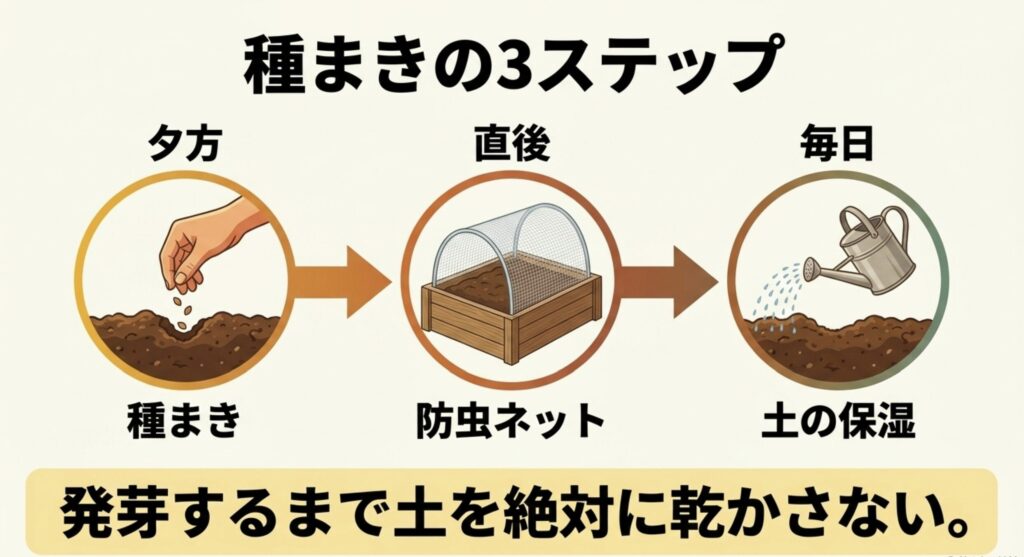 夕方の種まき、防虫ネット、毎日の土の保湿という8月家庭菜園の基本手順
