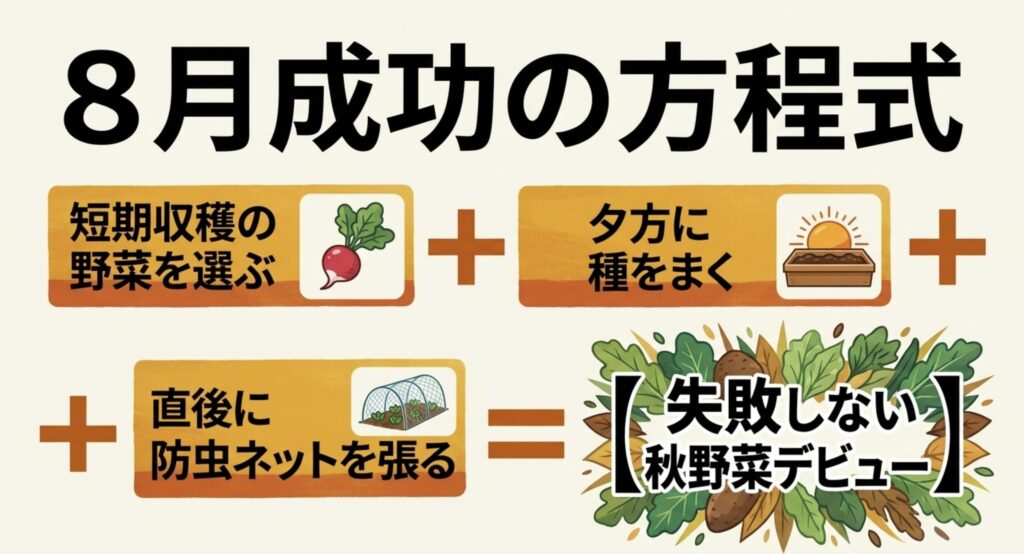 短期収穫の野菜選び、夕方の種まき、防虫ネットで8月の秋野菜栽培を成功させる流れ
