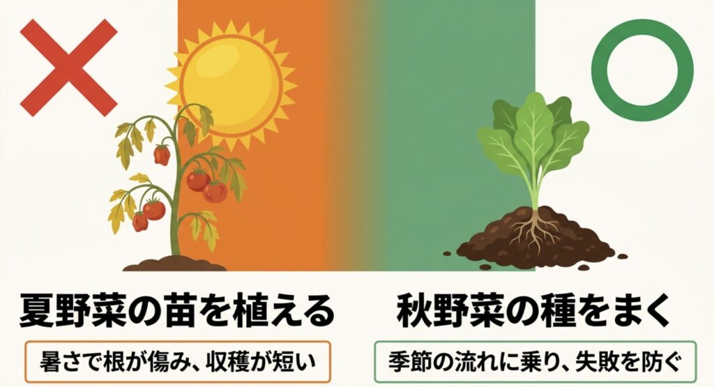 8月は夏野菜の苗を植えるより秋野菜の種まきが向いていることを示す比較図