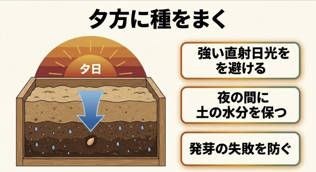 8月の家庭菜園では夕方に種をまくことで直射日光を避け発芽失敗を防ぎやすいことを示す図