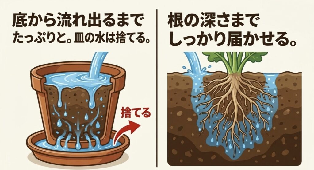 鉢植えは底から流れるまで、地植えは根の深さまで水を届けることを示したスライド
