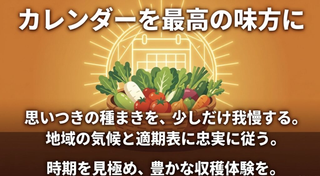 カレンダーを最高の味方に。思いつきの種まきを我慢し、地域の気候と適期表に忠実に従うことで豊かな収穫を目指すイラスト