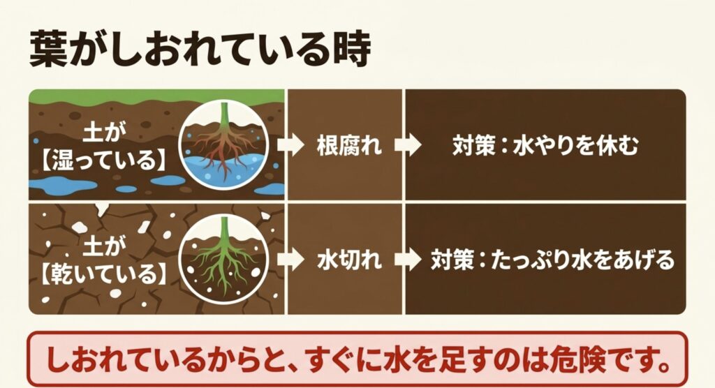 葉がしおれている時に、土が湿っていれば根腐れ、乾いていれば水切れを疑う判断基準を示したスライド