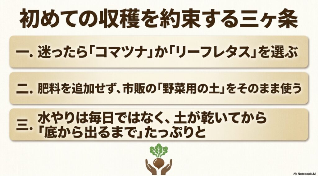 コマツナかリーフレタスを選び、新しい野菜用培養土を使い、土が乾いてからたっぷり水を与える3カ条