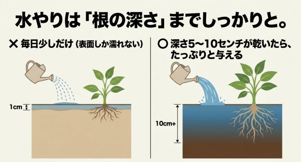 毎日表面だけを濡らす水やりと、深さ5~10cmの土が乾いてからたっぷり与える水やりを比較した図