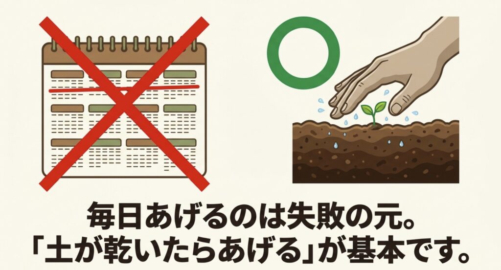 家庭菜園の水やりは毎日ではなく、土が乾いたタイミングで行うことを示したスライド