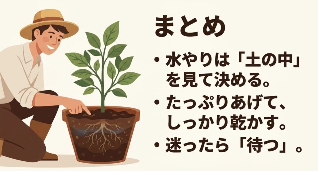 水やりは土の中を見て決め、たっぷり与えて乾かし、迷ったら待つことをまとめたスライド