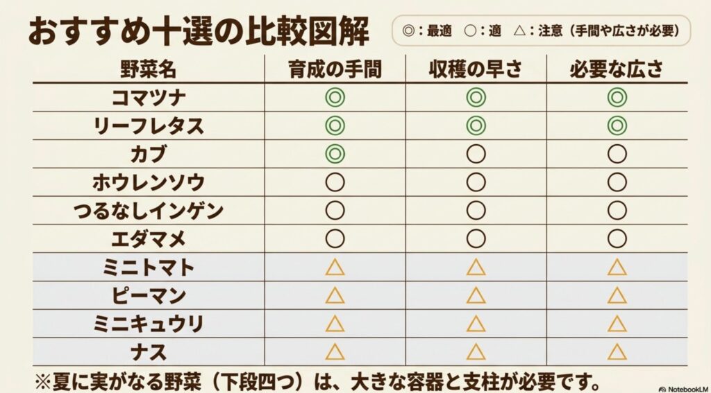 家庭菜園初心者向け野菜10種類を育成の手間、収穫の早さ、必要な広さで比較した表