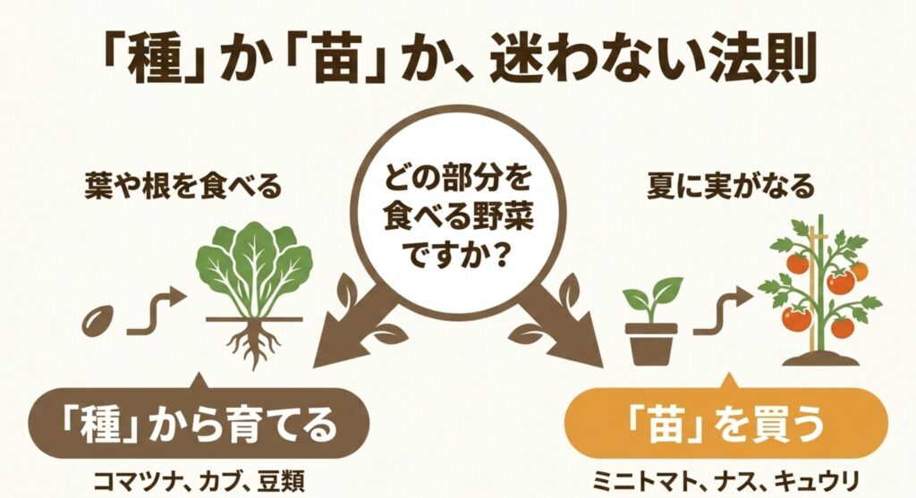 コマツナやカブは種から、ミニトマトやナスやキュウリは苗から育てる選び方