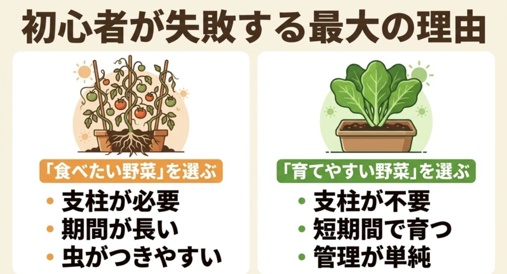 食べたい野菜と育てやすい野菜を比較し、初心者が失敗しにくい選び方を示した図