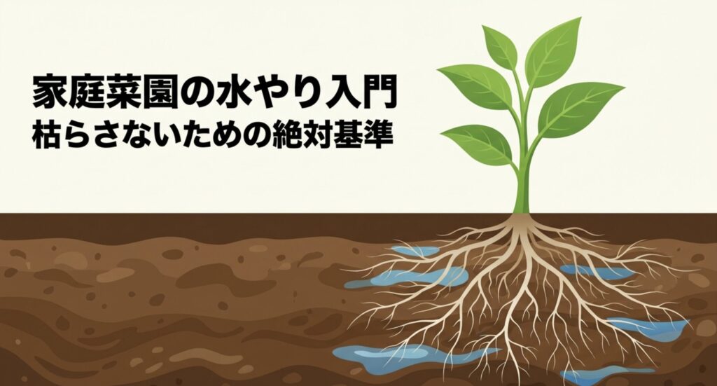 家庭菜園初心者向けに、根まで水を届ける水やりの基本をイラストで示したスライド