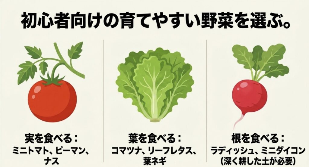 ミニトマトなどの果菜、コマツナなどの葉菜、ラディッシュやミニダイコンなどの根菜を紹介する図