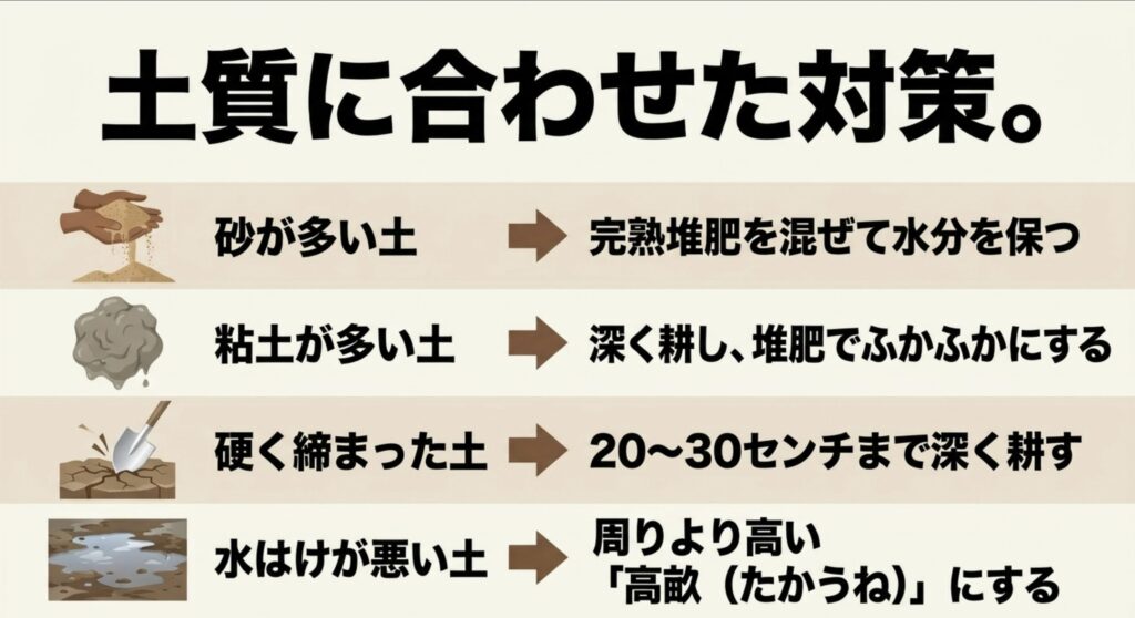 砂が多い土、粘土が多い土、硬く締まった土、水はけの悪い土に応じた改善方法をまとめた図